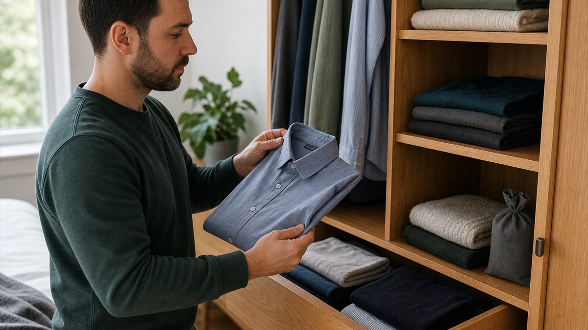 Clean clothes being checked after storage in a wooden cupboard